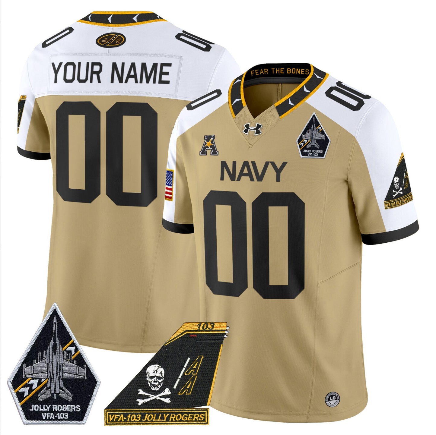 Custom Navy Midshipmen Jersey Name, Number 2024 Jolly Rogers Patch Gold Alternate