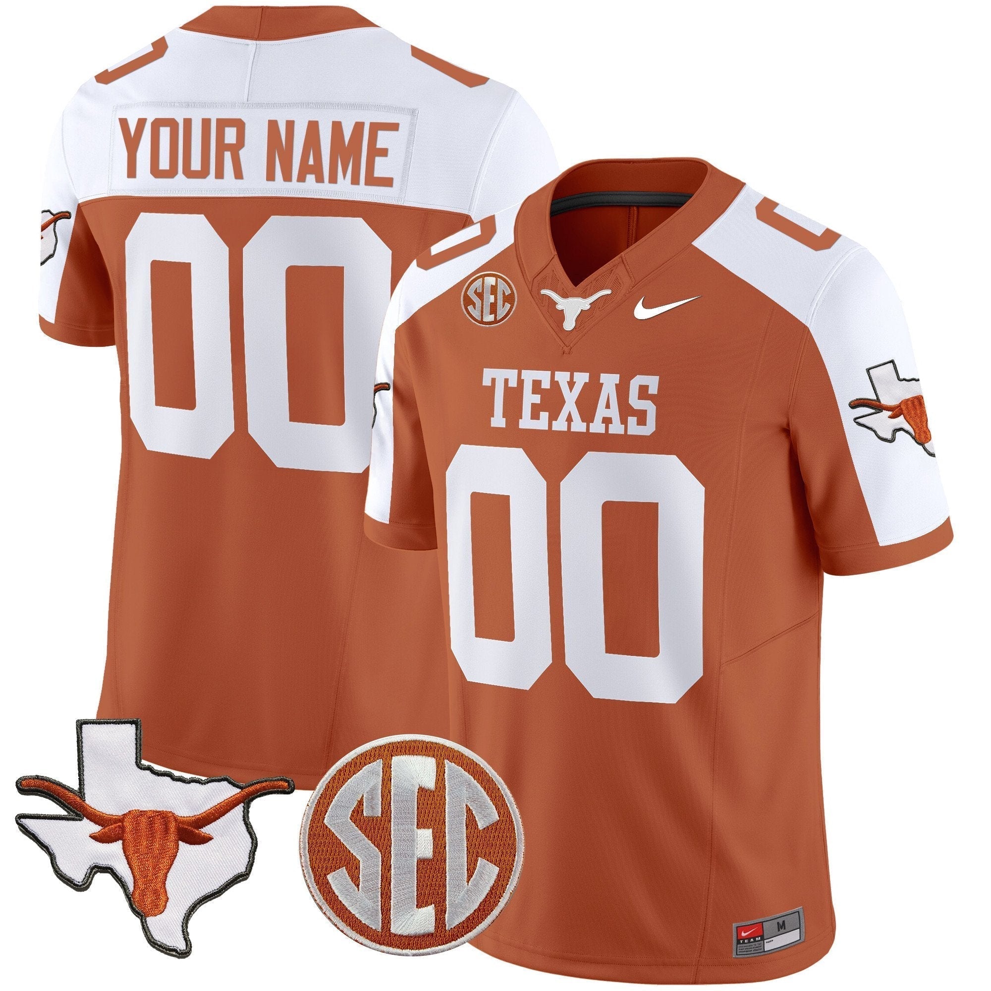 Custom Texas Longhorns State Map & SEC Patch Vapor Jersey V4 - All Stitched