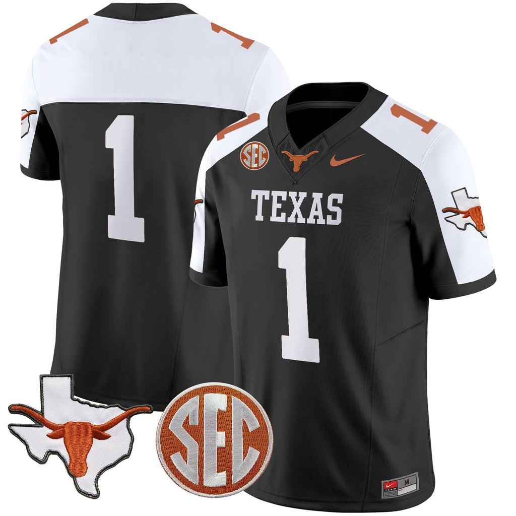 Men Texas Longhorns State Map & SEC Patch Vapor Jersey V4 - All Stitched