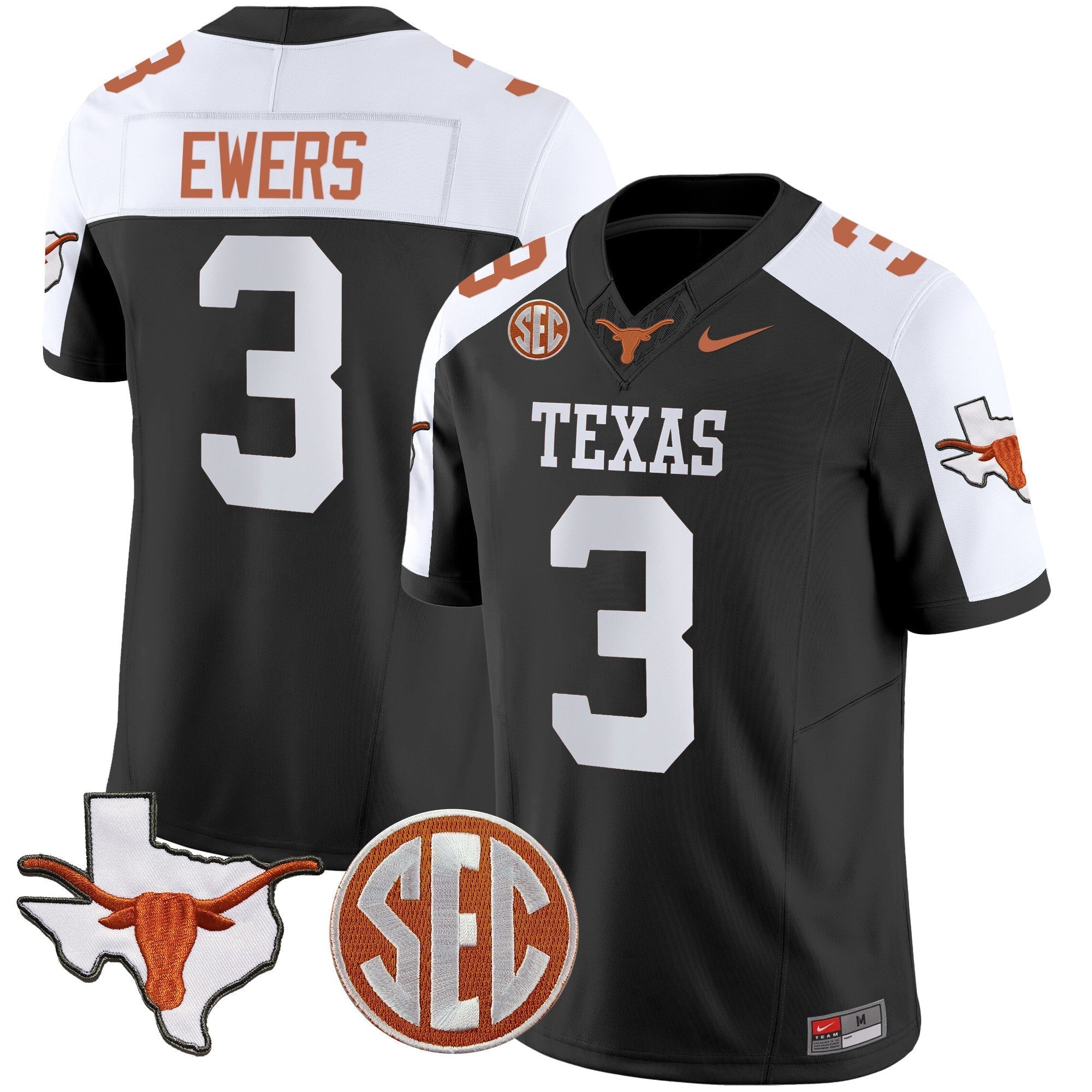 Men Texas Longhorns State Map & SEC Patch Vapor Jersey V4 - All Stitched