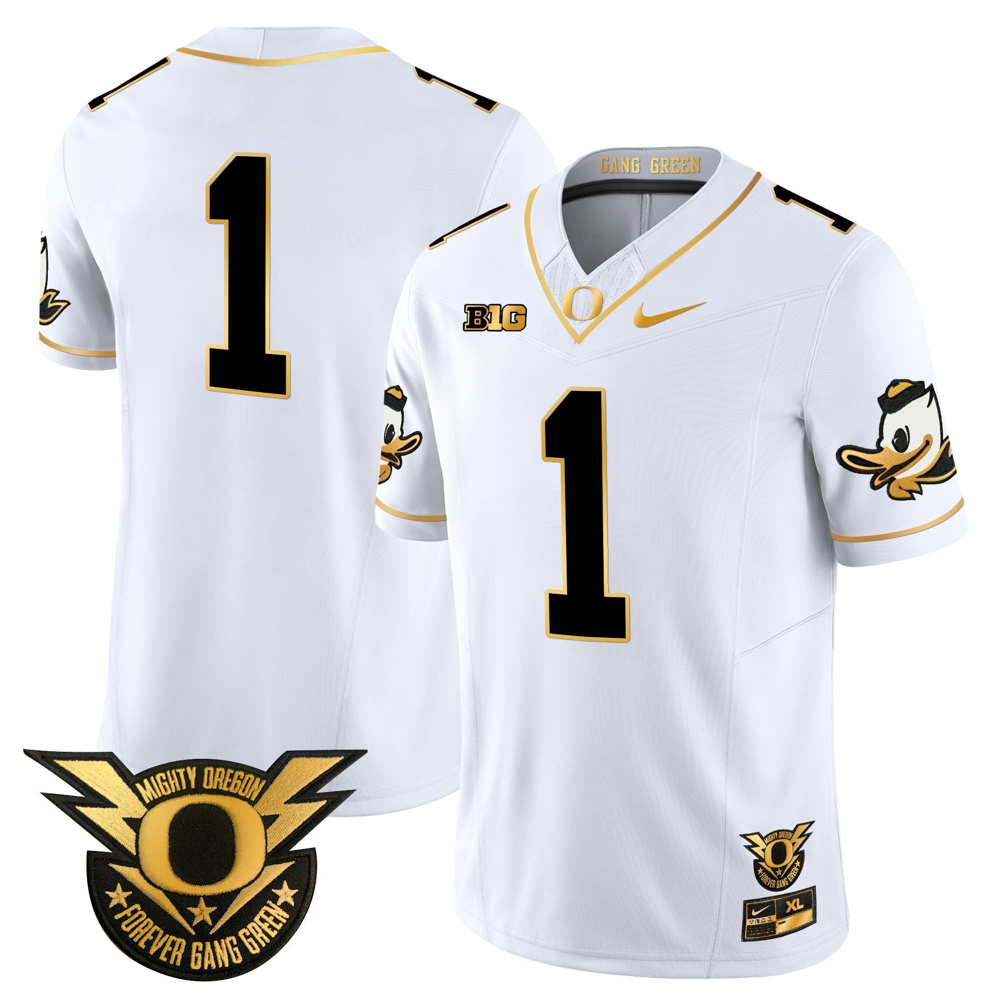 Men Oregon Ducks 2024 Forever Gang Green & BIG Patch Gold Vapor Limited Jersey - All Stitched