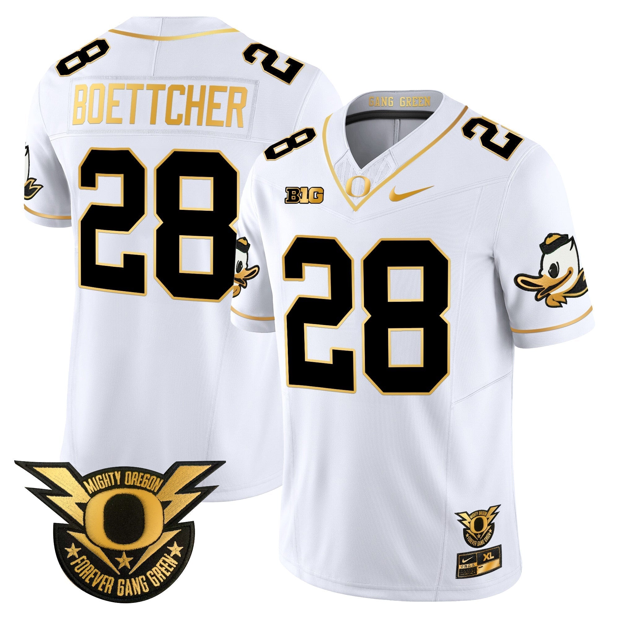 Men Oregon Ducks 2024 Forever Gang Green & BIG Patch Gold Vapor Limited Jersey - All Stitched