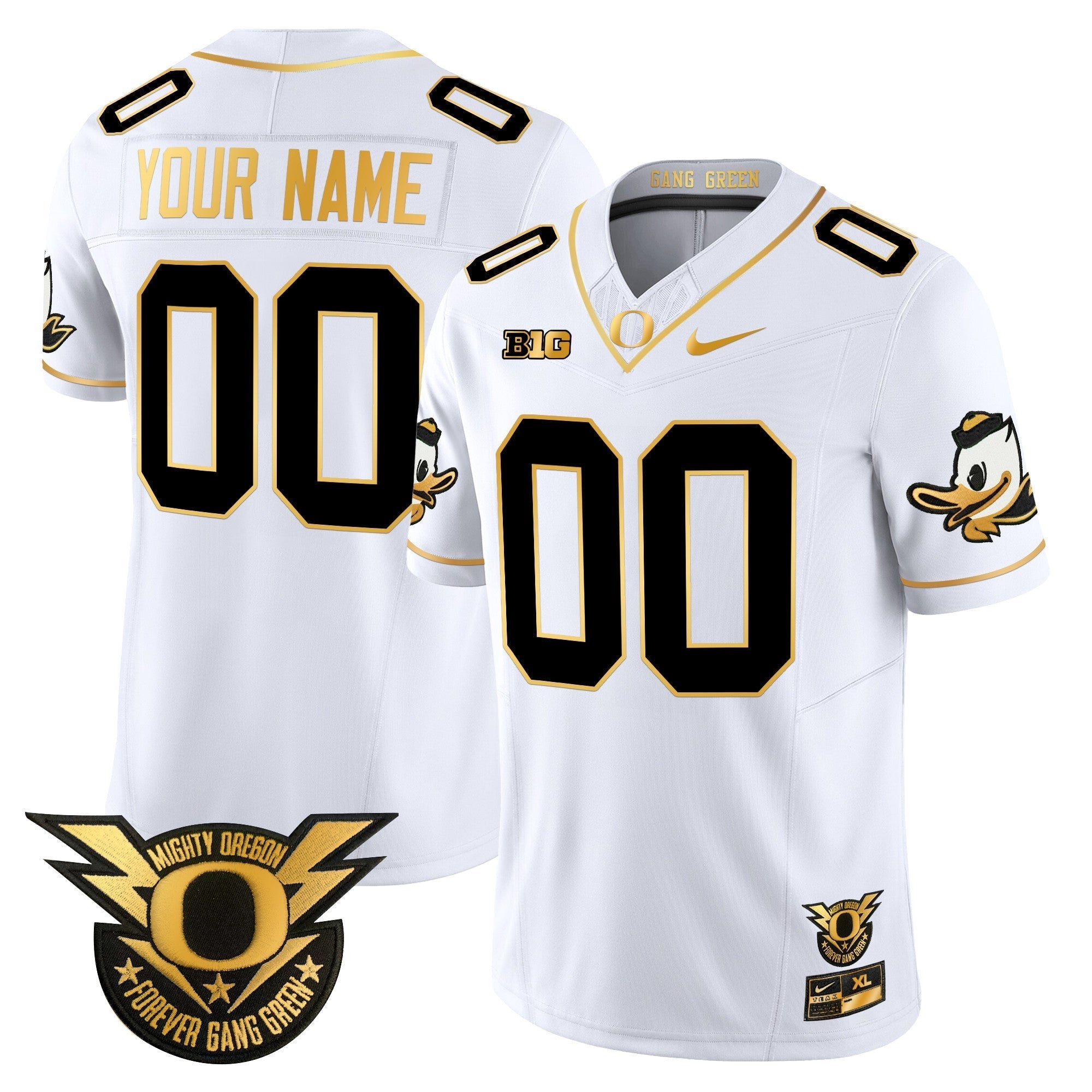 Custom Oregon Ducks 2024 Forever Gang Green & BIG Patch Gold Vapor Limited Jersey - All Stitched