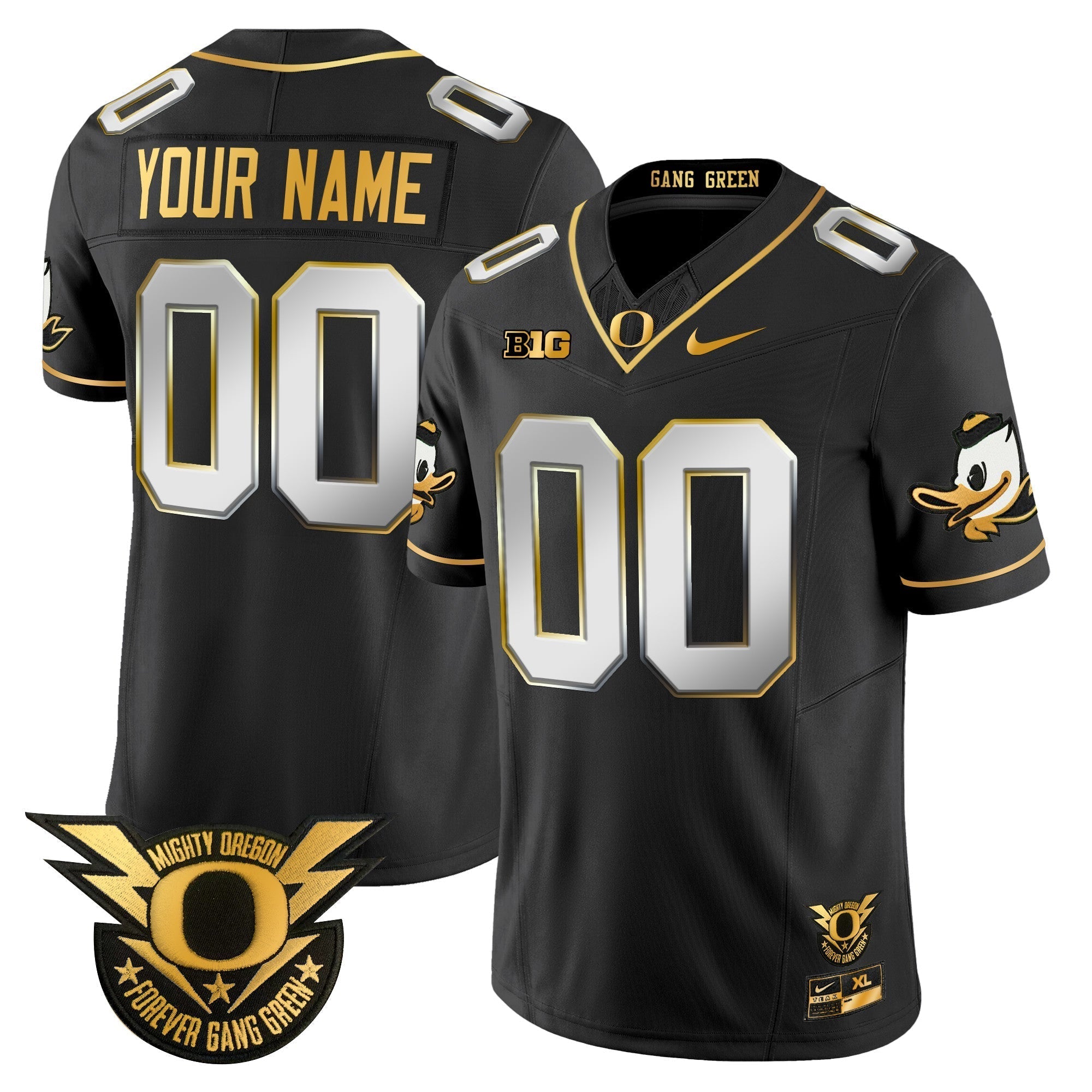 Custom Oregon Ducks 2024 Forever Gang Green & BIG Patch Gold Vapor Limited Jersey - All Stitched