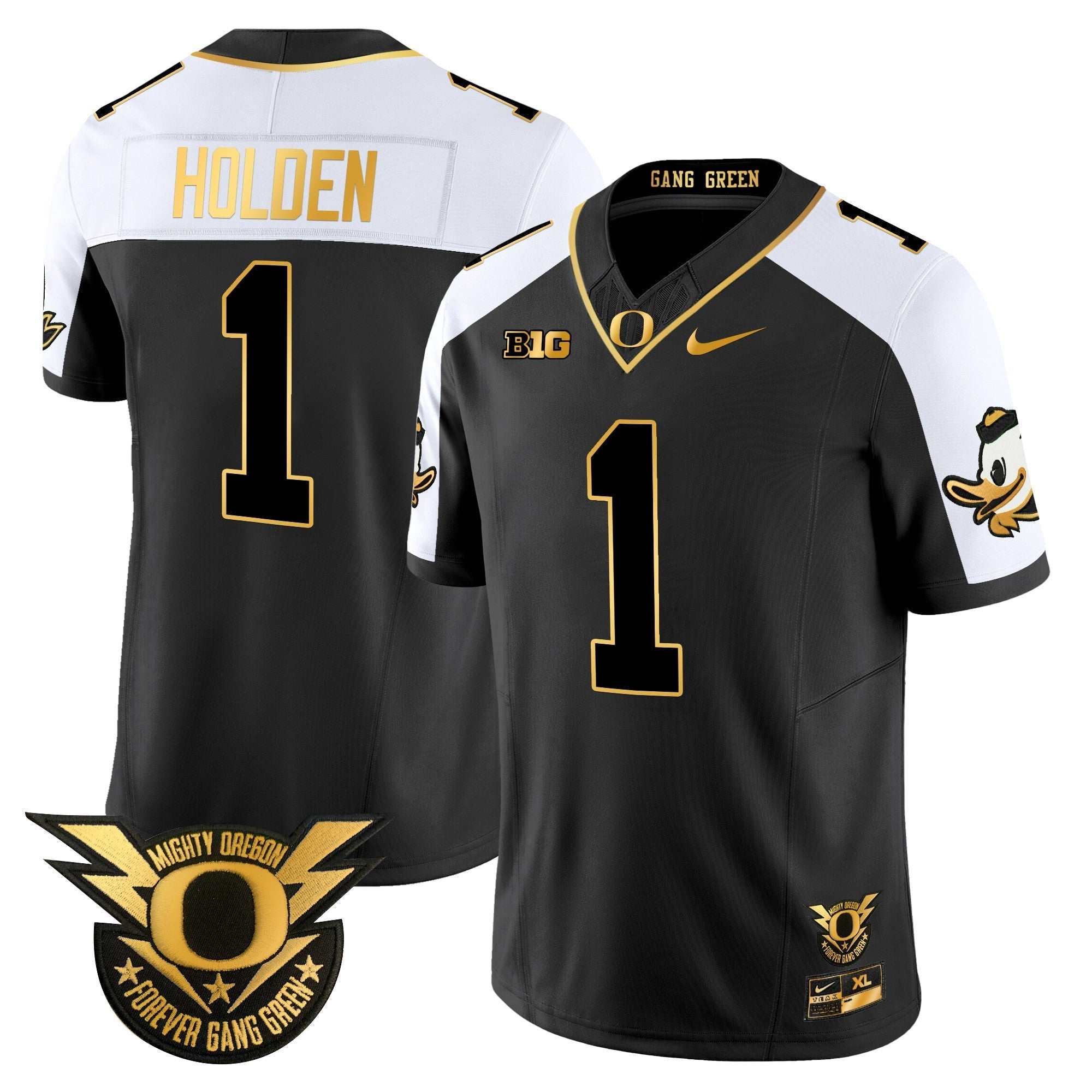 Men Oregon Ducks 2024 Forever Gang Green & BIG Patch Gold Vapor Limited Jersey - All Stitched