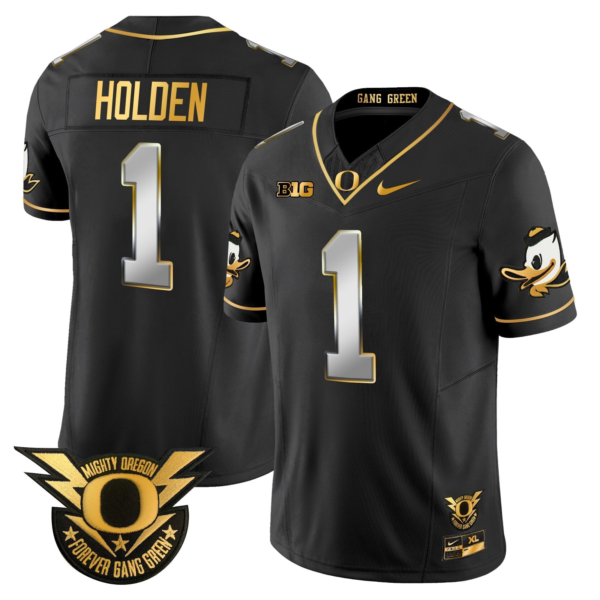 Men Oregon Ducks 2024 Forever Gang Green & BIG Patch Gold Vapor Limited Jersey - All Stitched