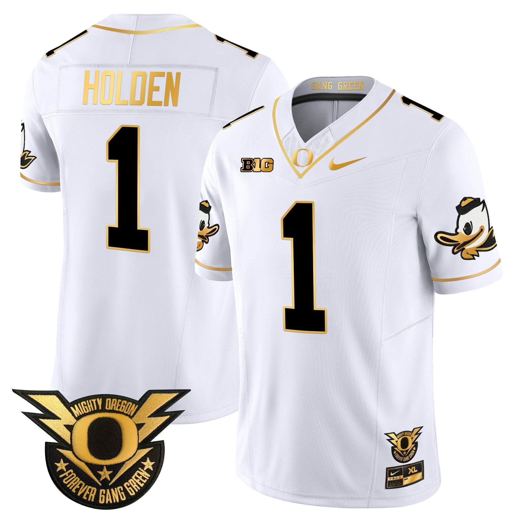 Men Oregon Ducks 2024 Forever Gang Green & BIG Patch Gold Vapor Limited Jersey - All Stitched