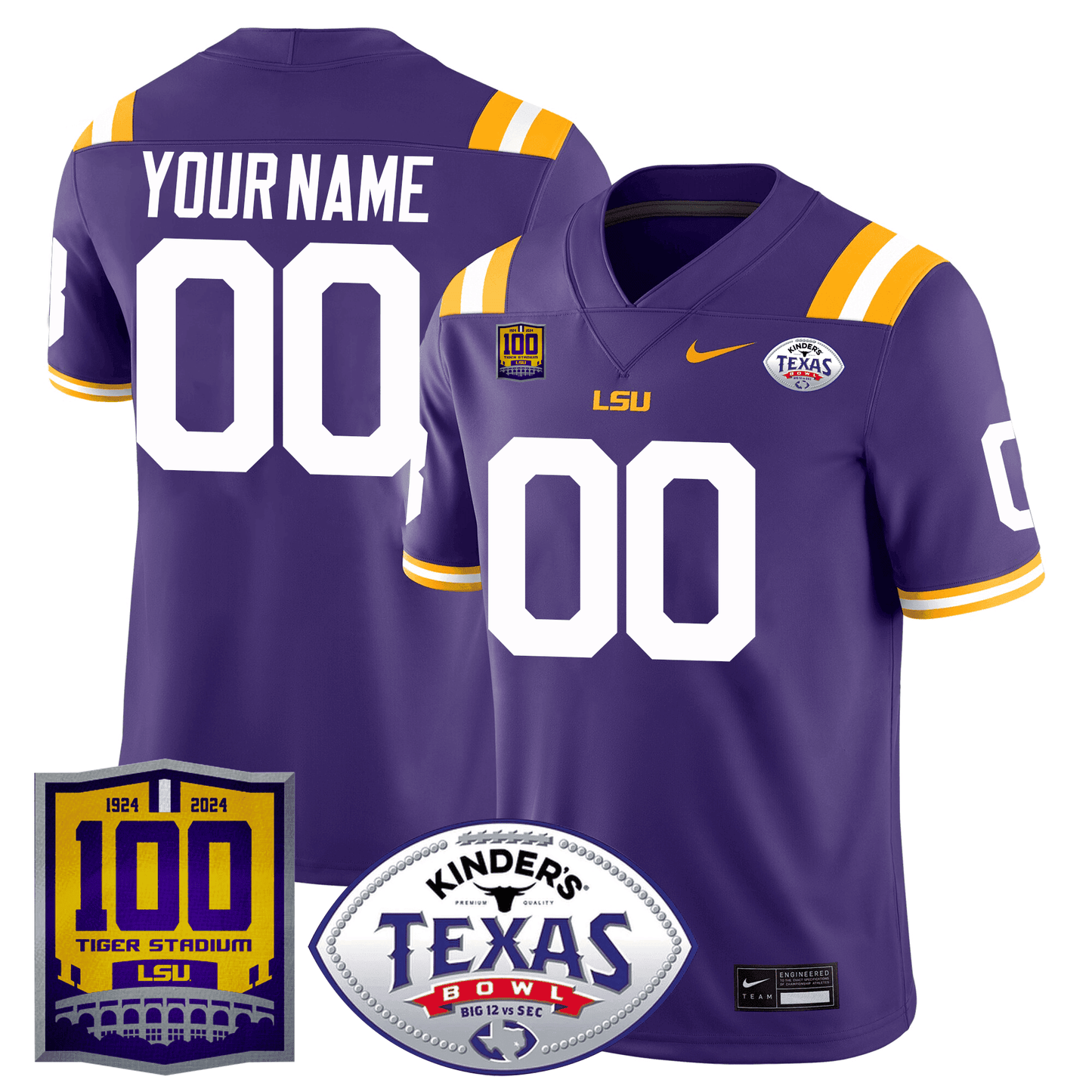 Custom LSU Tigers 100 Years of Tiger Stadium & Texas Bowl Patch Vapor Limited Jersey - All Stitched