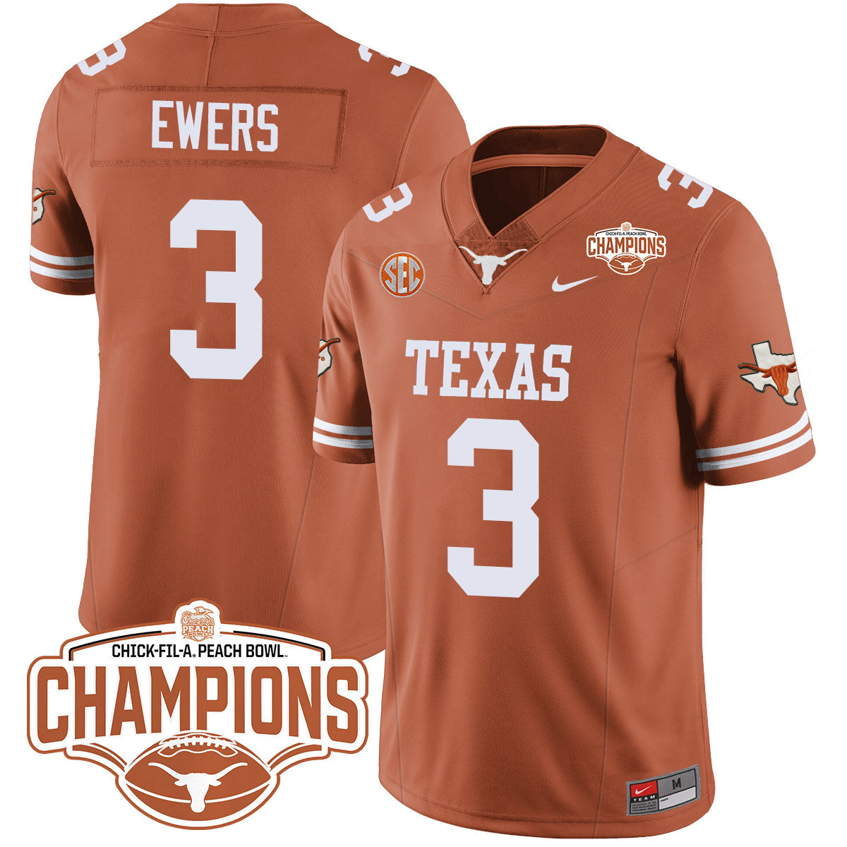 Men Texas Longhorns 2024 Peach Bowl Champions Jersey - All Stitched