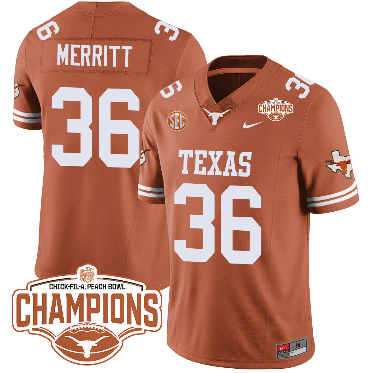 Men Texas Longhorns 2024 Peach Bowl Champions Jersey - All Stitched
