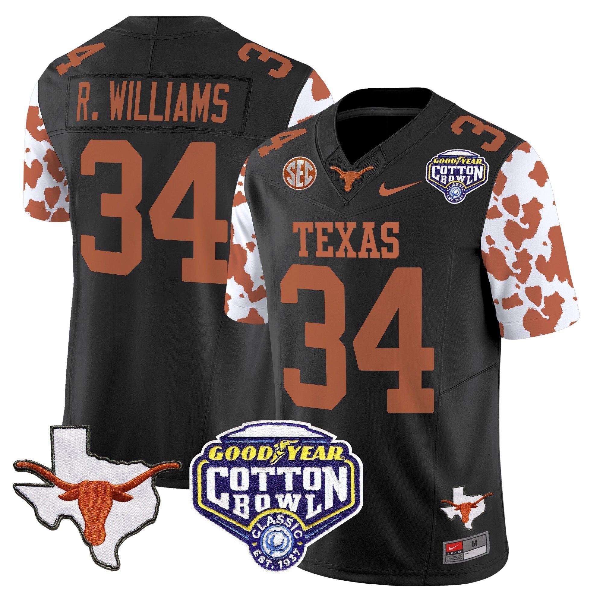 Men Texas Longhorns Cow Spots Cotton Bowl Patch Vapor Limited Jersey - All Stitched