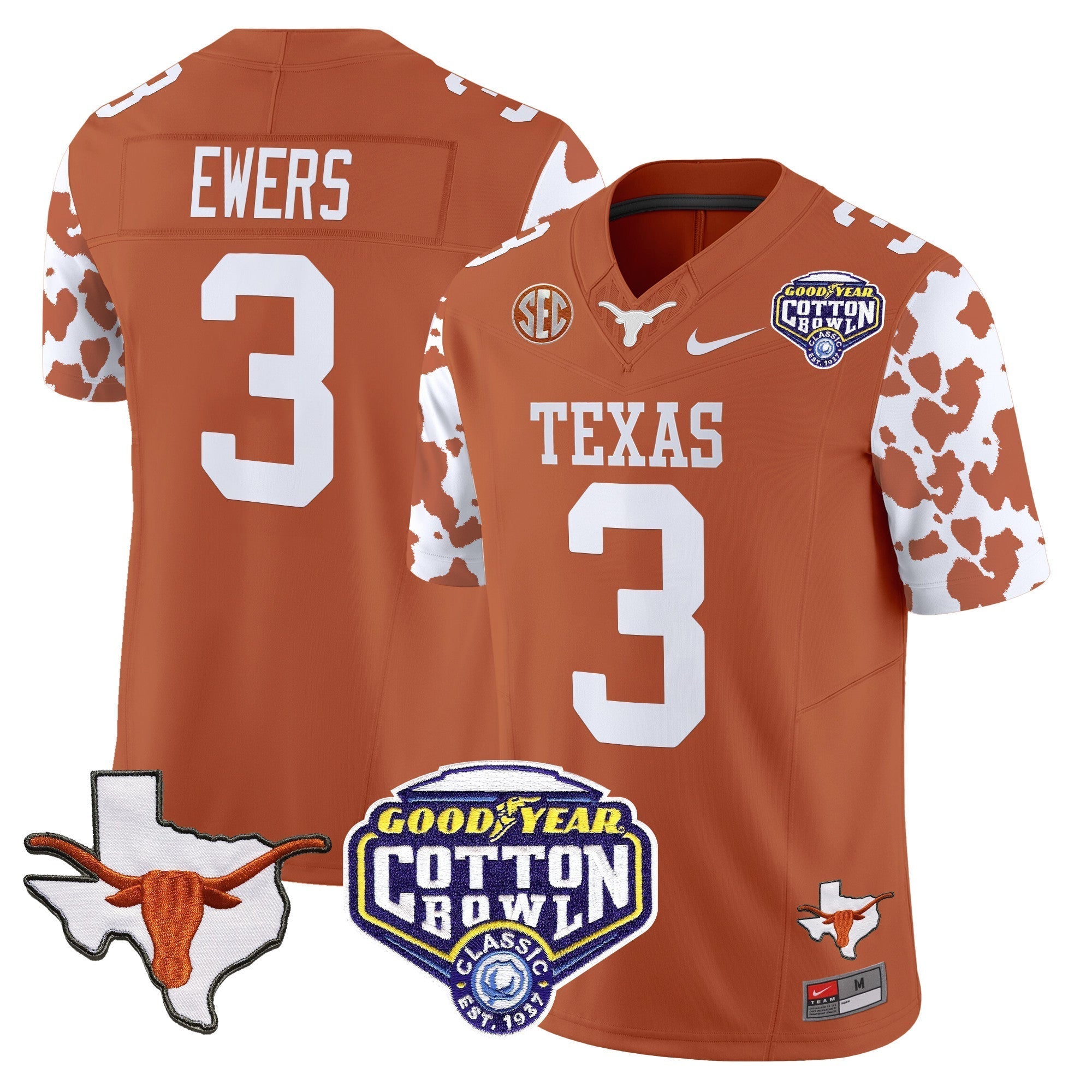 Men Texas Longhorns Cow Spots Cotton Bowl Patch Vapor Limited Jersey - All Stitched