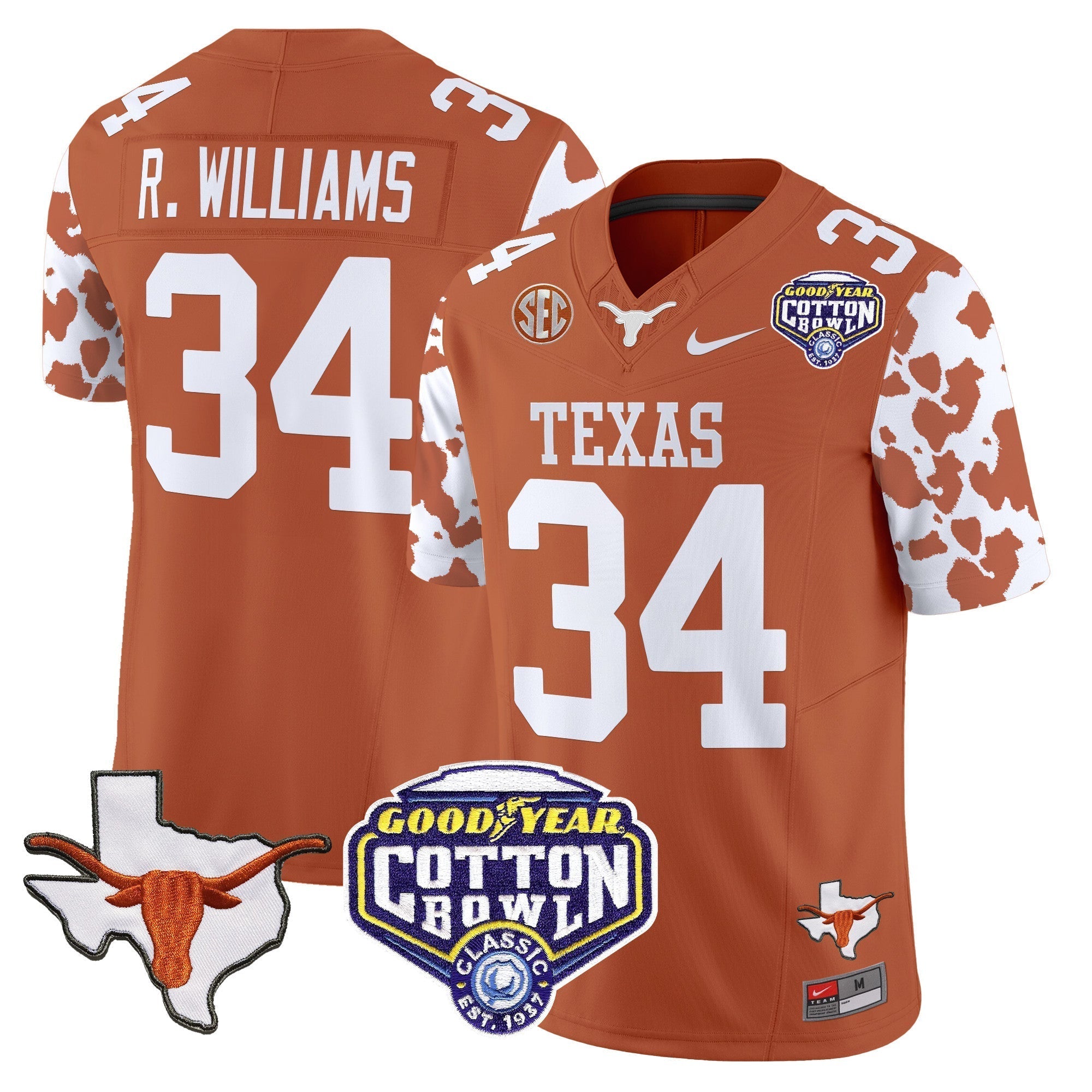 Men Texas Longhorns Cow Spots Cotton Bowl Patch Vapor Limited Jersey - All Stitched