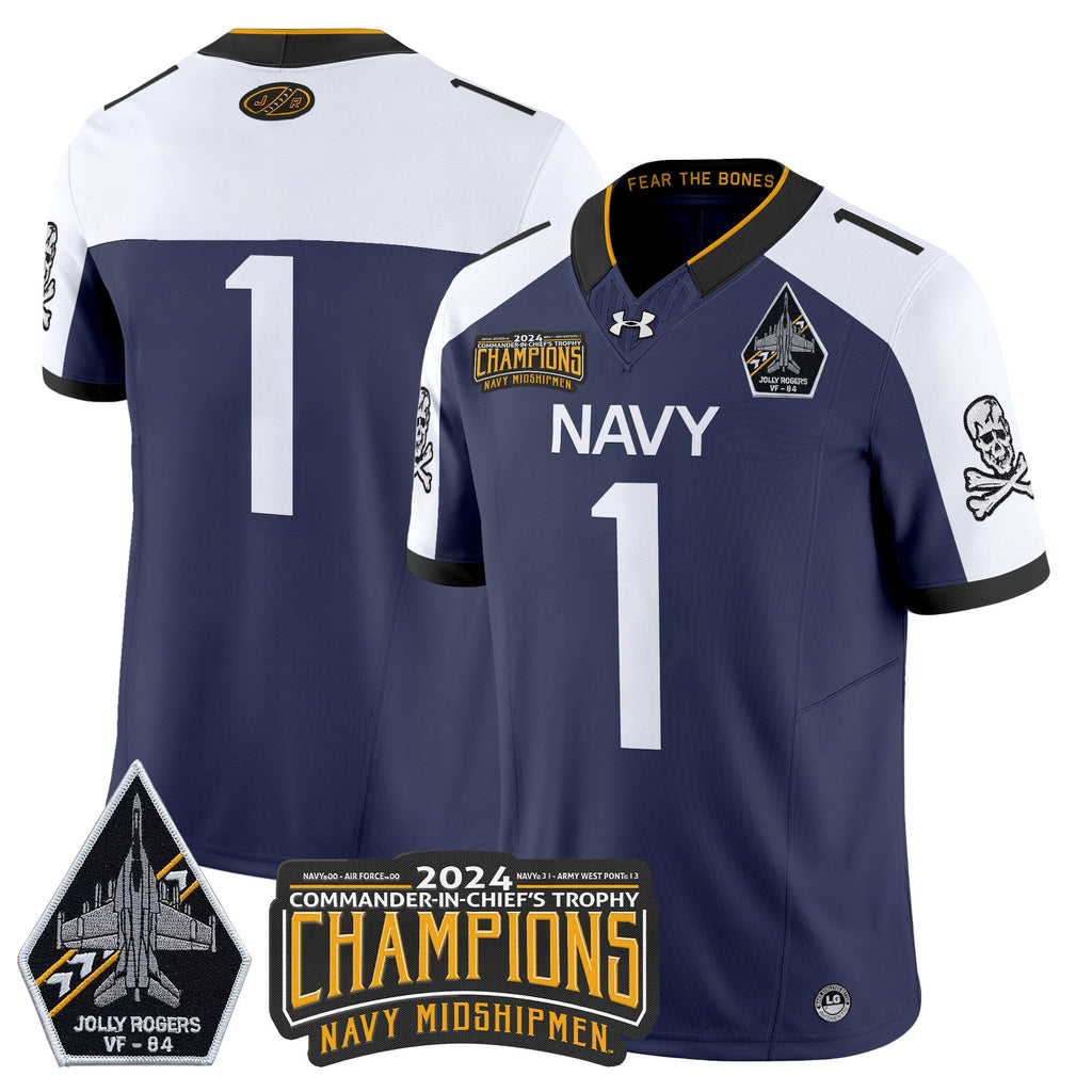 Men Navy Midshipmen 2024 Jolly Rogers VF-84 & Commander-In-Chief's Trophy Champions Patch Vapor Limited Jersey - All Stitched
