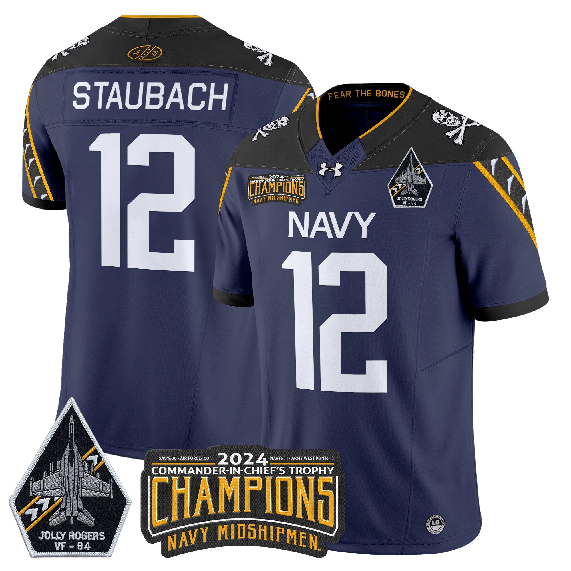 Men Navy Midshipmen 2024 Jolly Rogers VF-84 & Commander-In-Chief's Trophy Champions Patch Vapor Limited Jersey - All Stitched