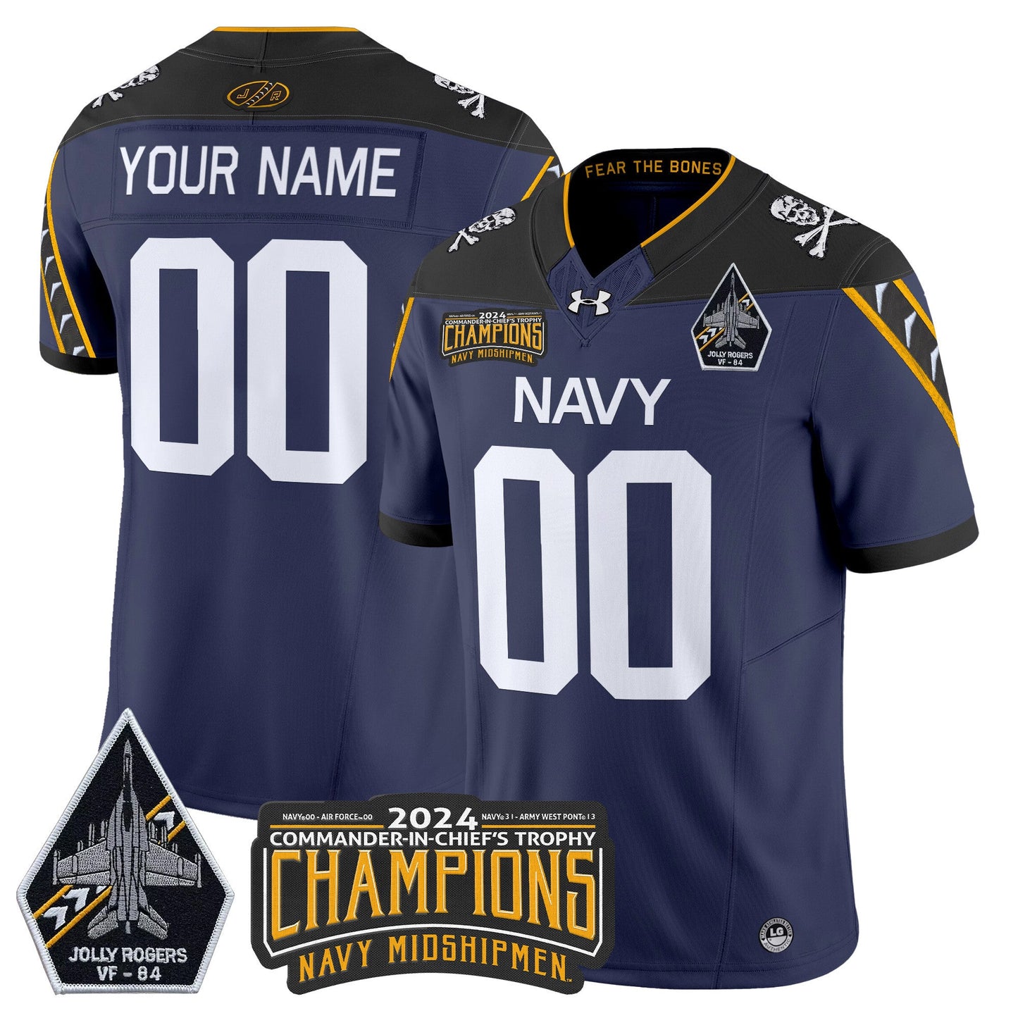 Custom Navy Midshipmen 2024 Jolly Rogers VF-84 & Commander-In-Chief's Trophy Champions Patch Vapor Limited Jersey - All Stitched