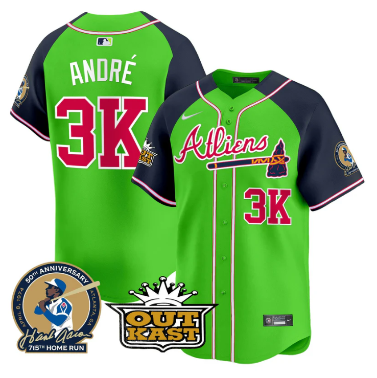 André Jersey #3K Atlanta Braves Atliens Hank Aaron Patch Limited Stitched Green Alternate