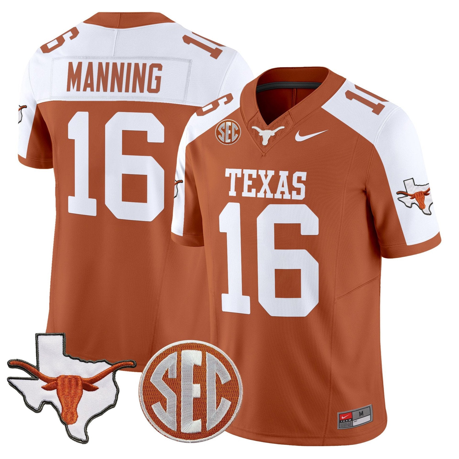 Arch Manning Jersey #16 Texas Longhorns 2025 State Map SEC Patch Orange Alter