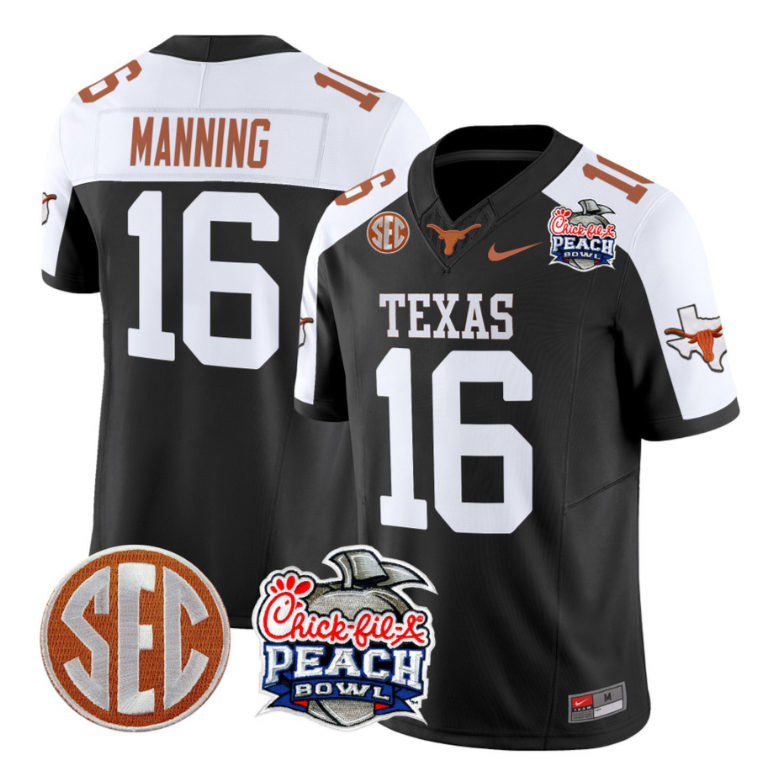 Arch Manning Jersey #16 Texas Longhorns Peach Bowl Patch Vapor Black Alternate