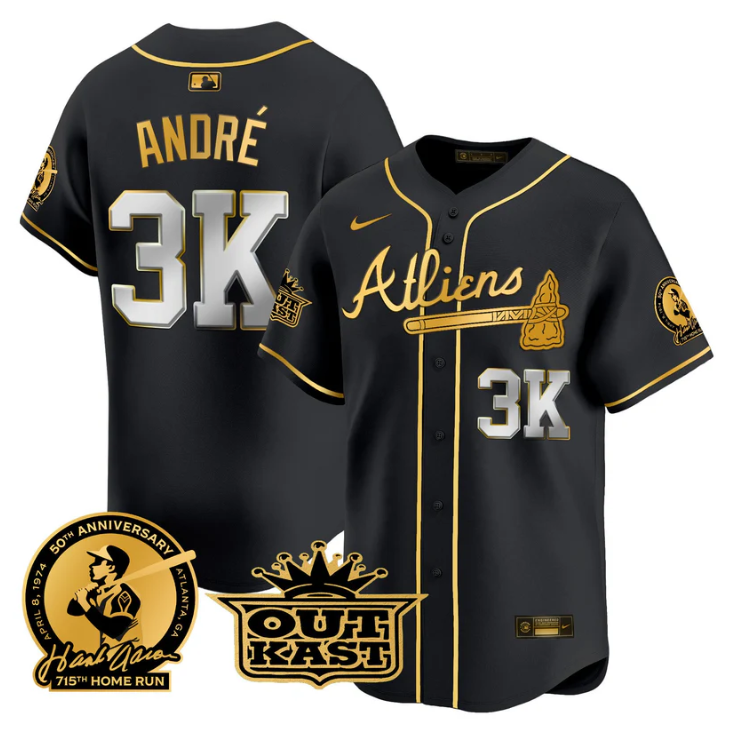 André Jersey #3K Atlanta Braves Atliens Hank Aaron Patch Limited Stitched Black Gold