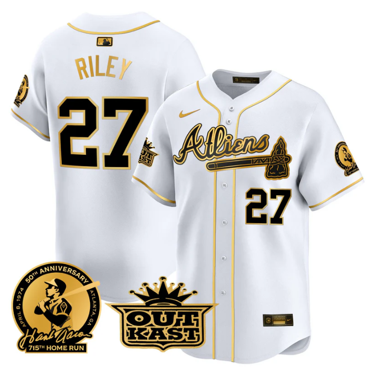 Austin Riley Jersey #27 Atlanta Braves Atliens Hank Aaron Patch Limited Stitched White Gold