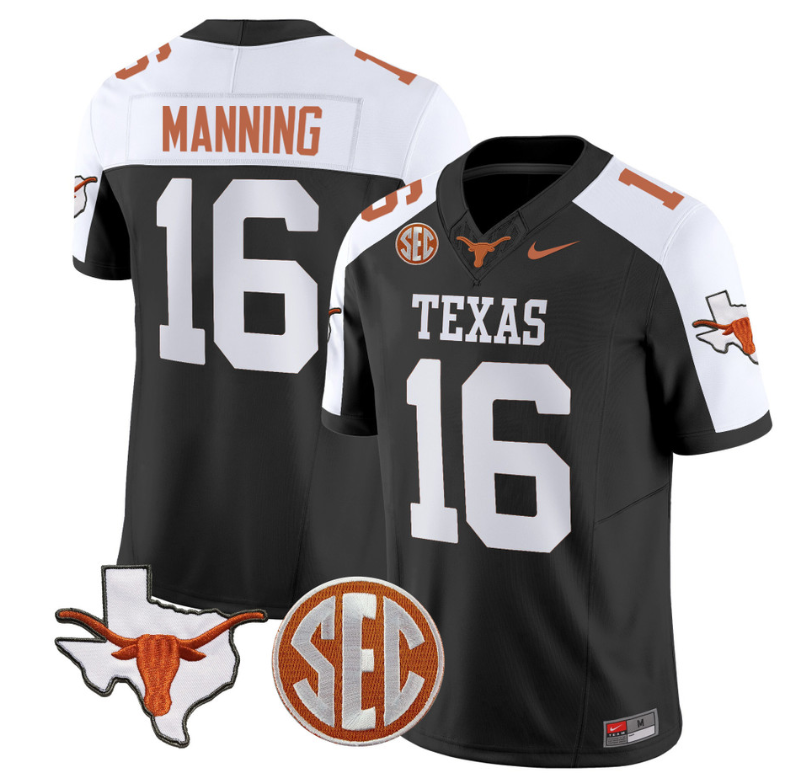 Arch Manning Jersey #16 Texas Longhorns State Map and Sec Patch Vapor Limited College Football Stitched Black Alternate (Copy)