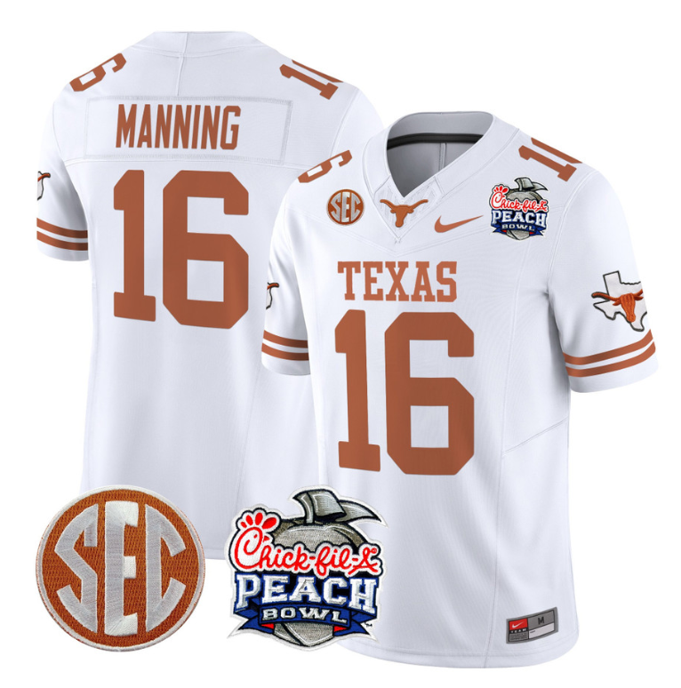 Arch Manning Jersey #16 Texas Longhorns Peach Bowl Patch Vapor White