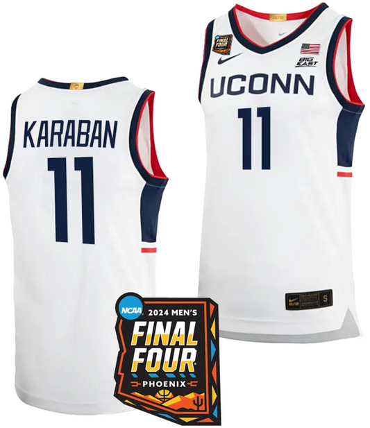 Alex Karaban Jersey #11 UConn Huskies Basketball 2024 NCAA March Madness Final Four White