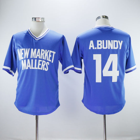 A.Bundy #14 New Market Mallers Movie Baseball Jersey Blue