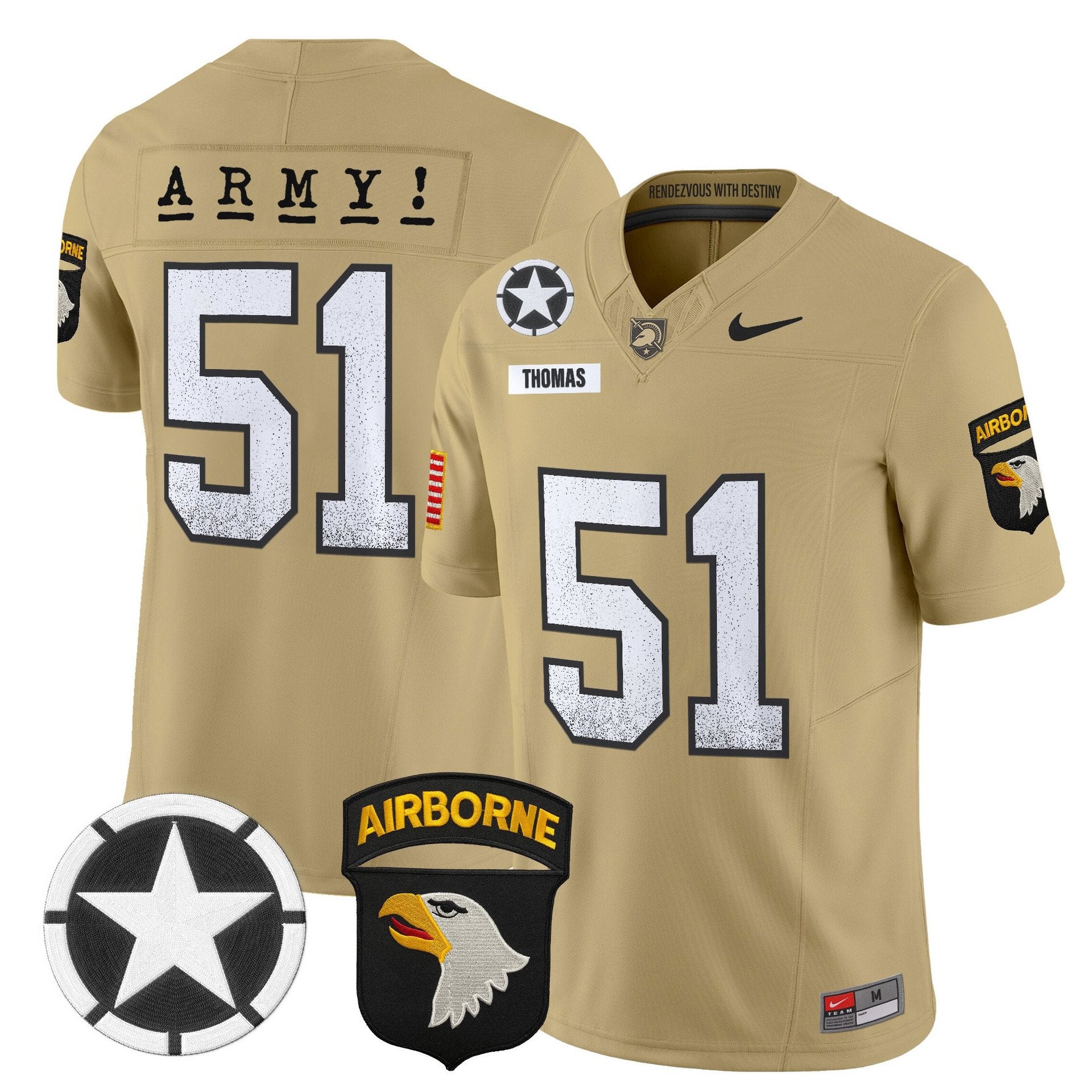 Andon Thomas Jersey #51 Army Black Knights 2025 Screaming Eagles Stitched Tan