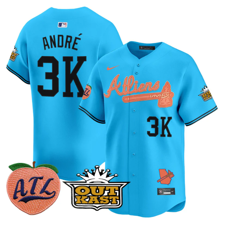 André Jersey #3K Atlanta Braves Atliens Peach Vapor Premier Limited Stitched Light Blue