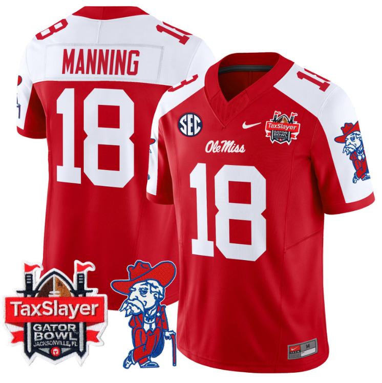 Archie Manning Jersey #18 Ole Miss Rebels 2025 Gator Bowl Patch Red Alternate