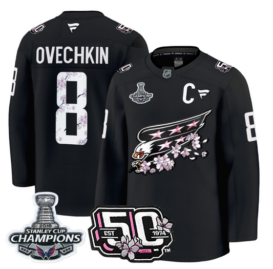 Alex Ovechkin Jersey #8 Washington Capitals 50th 2018 Stanley Cup Champions Patch Black