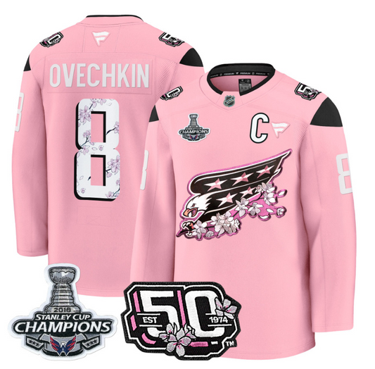 Alex Ovechkin Jersey #8 Washington Capitals 50th 2018 Stanley Cup Champions Patch Cherry Blossom