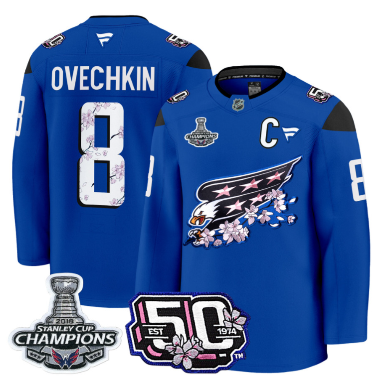 Alex Ovechkin Jersey #8 Washington Capitals 50th 2018 Stanley Cup Champions Patch Royal