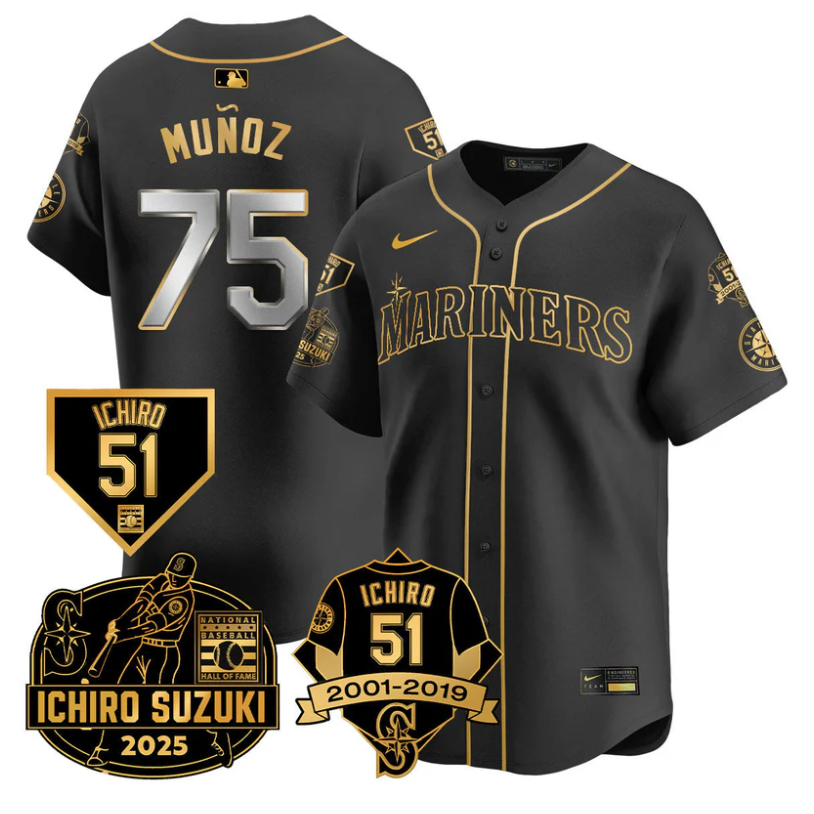 Andrés Muñoz Jersey #75 Seattle Mariners Ichiro Suzuki Stitched Black Gold