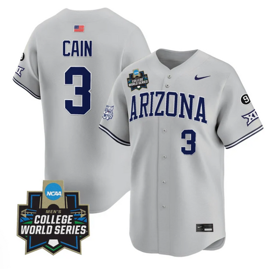 Andrew Cain Jersey #3 Arizona Wildcats 2025 World Series Stitched Gray