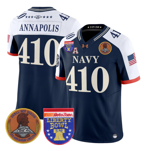 Annapolis Jersey #410 Navy Midshipmen 250th 2026 Liberty Bowl Stitched Navy Alternate