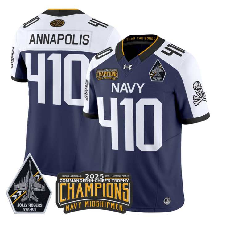Annapolis Jersey #410 Navy Midshipmen Jolly Rogers 2025 Trophy Stitched Navy Alternate