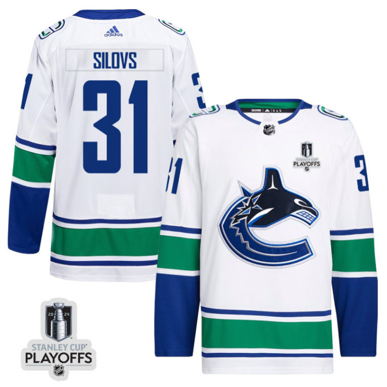 Arturs Silovs 31 Vancouver Canucks 2024 NHL Playoffs Patch Away Jersey - Men, White