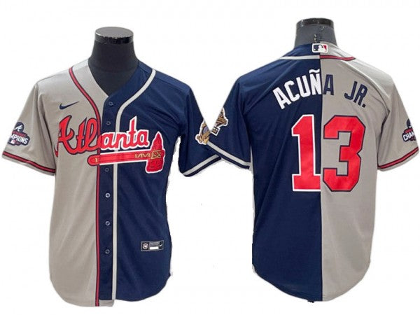 Atlanta Braves #13 Ronald Acuna Jr. Gray Navy Split Jersey