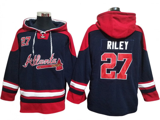 Atlanta Braves #27 Austin Riley Navy Ageless Must-Have Lace-Up Pullover Hoodie