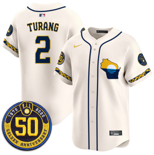 Brice Turang Jersey #2 Milwaukee Brewers Golden 50th Anniversary Patch Stitched Cream