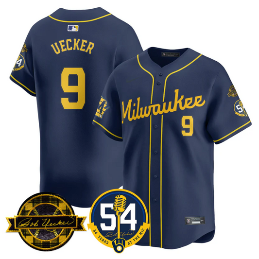 Bob Uecker Jersey #9 Milwaukee Brewers 2025 Bob Uecker, 54 Seasons for Brewers Stitched Navy