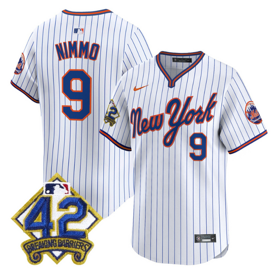 Brandon Nimmo Jersey #9 New York Mets 2025 Jackie Robinson Patch Road Alternate Stitched Pinstripe