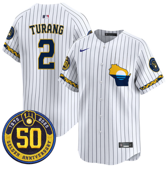 Brice Turang Jersey #2 Milwaukee Brewers Golden 50th Anniversary Patch Stitched Pinstripe