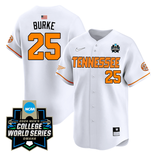 Blake Burke Jersey #25 Tennessee Volunteers 2024 College World Series Patch Vapor Premier Limited NCAA Baseball Stitched White