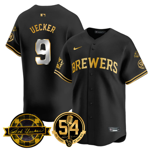 Bob Uecker Jersey #9 Milwaukee Brewers 2025 Bob Uecker, 54 Seasons for Brewers Stitched Black Gold