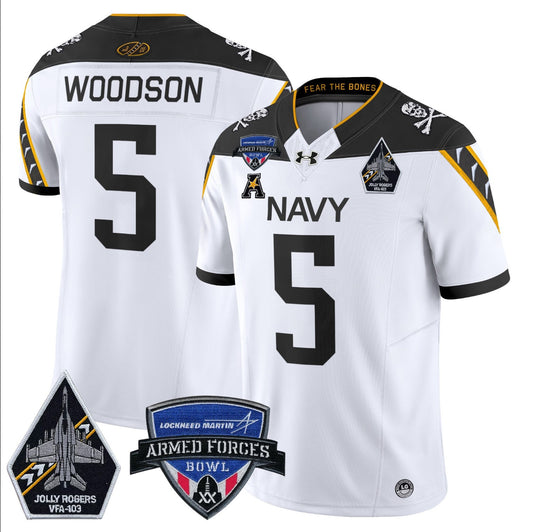 Braxton Woodson Jersey #5 Navy Midshipmen 2025 Armed Forces Bowl Patch White