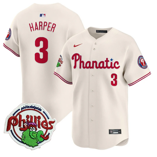 Bryce Harper Jersey #3 Phillies Phanatic Patch Vapor Premier Limited Stitched Cream